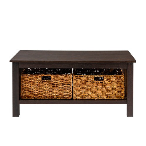 Coastal Coffee Table With Lower Shelf And Faux Rattan Baskets - Espresso