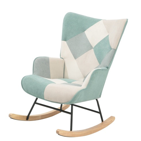 Mid Century Accent Rocking Chair With Patchwork Linen