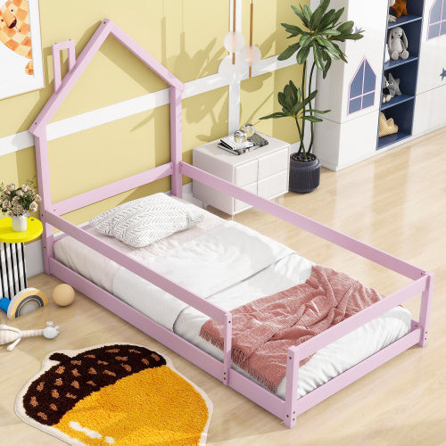 Twin Size Wood Bed With House-shaped Headboard Floor Bed With Fences,Pink