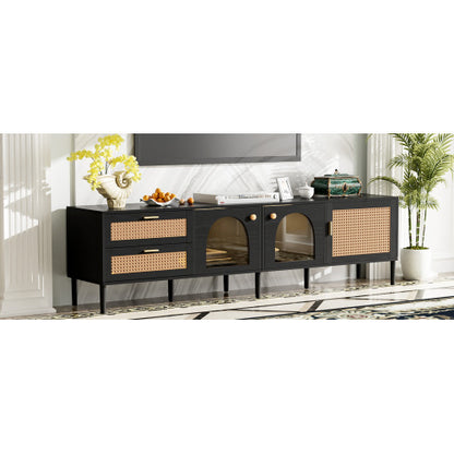 Rattan TV Stand With 3 Cabinets & 2 Drawers, Rattan-inspired Media Console Table For TVs Up To 80'', LED Light Entertainment Center, TV Cabinet For Living Room, Bedroom, Home Theatre