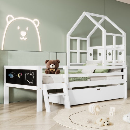 Twin Size House Bed With Ladder And Storage Drawers For Kid Bedroom,Solid Wood Platfrom Bedframe With 2 Blackboard Design, No Box Spring Needed, White