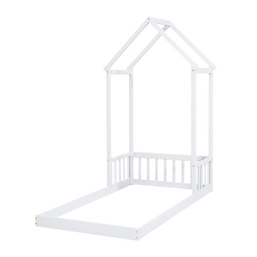 Twin House-shaped Roof Headboard Floor Bed,,without Slats,White