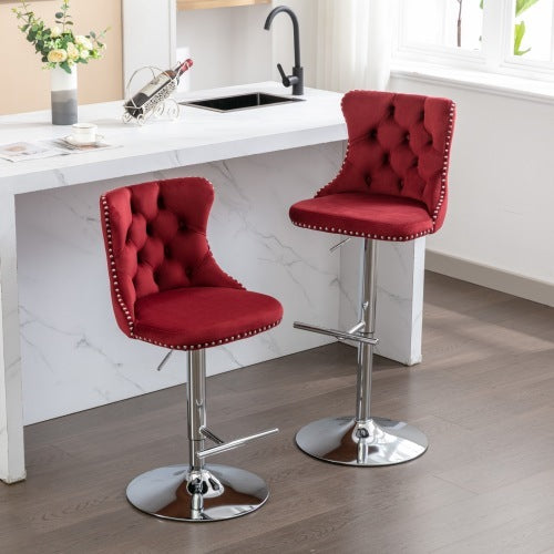 Swivel Velvet Barstools Adjusatble Seat Height From 25-33 Inch Burgundy,Set Of 2