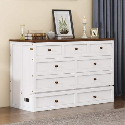 Solid Pine Murphy Bed Chest With Charging Station And Large Storage Drawer For Home Office Or Small Room , Queen, White Walnut