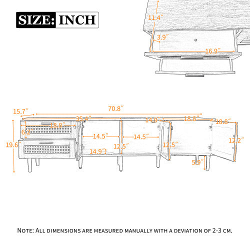 Rattan TV Stand With 3 Cabinets & 2 Drawers, Rattan-inspired Media Console Table For TVs Up To 80'', LED Light Entertainment Center, TV Cabinet For Living Room, Bedroom, Home Theatre