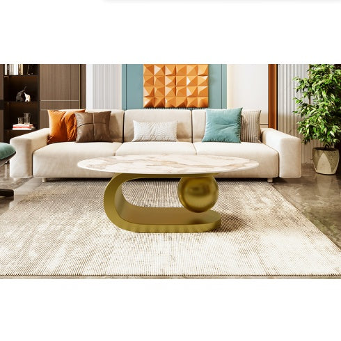 Modern Oval Coffee Table For Living Room, Marble Pattern Sintered Stone Coffee Tabletop With Gold Stainless Steel Base In 47.2