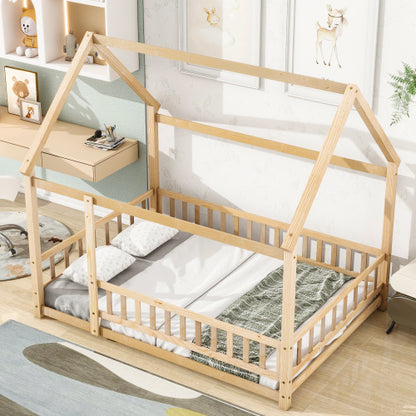 Full Size Floor Wooden Bed With House Roof Frame, Fence Guardrails ,Nartural