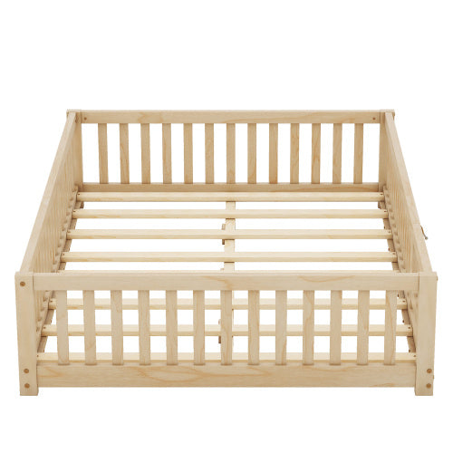 Full Size Bed Floor Bed With Safety Guardrails And Door For Kids, Natural