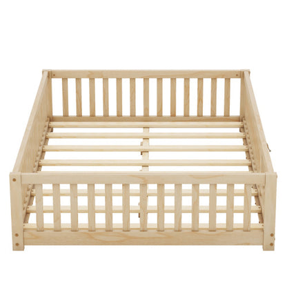 Full Size Bed Floor Bed With Safety Guardrails And Door For Kids, Natural