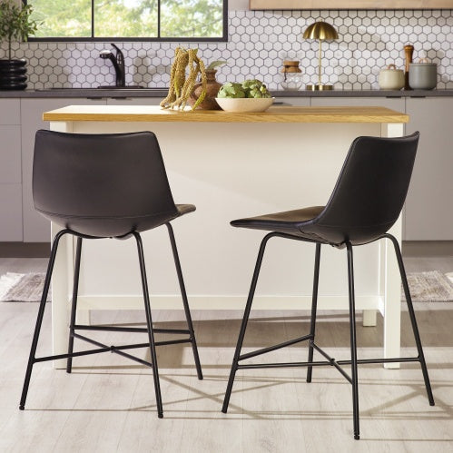 Modern Upholstered Counter Stool With Metal X Base, Set Of 2, Black