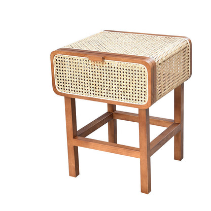 Ins Style Retro Rattan Solid Wood Bedside Table