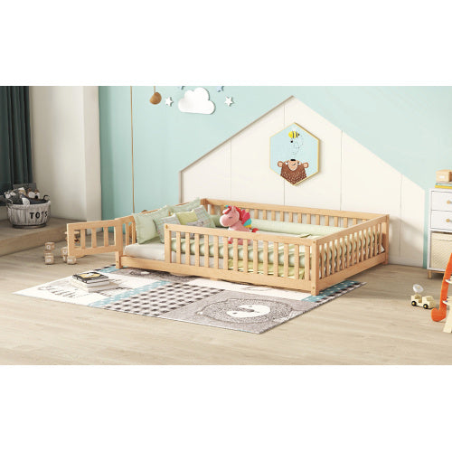 Full Size Bed Floor Bed With Safety Guardrails And Door For Kids, Natural