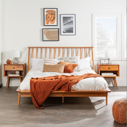 Mid-Century Modern Solid Wood Queen Bed Frame Caramel