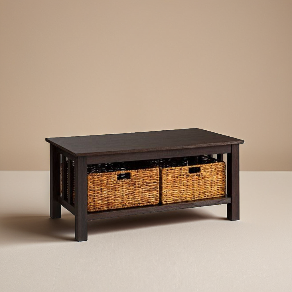 Coastal Coffee Table With Lower Shelf And Faux Rattan Baskets - Espresso