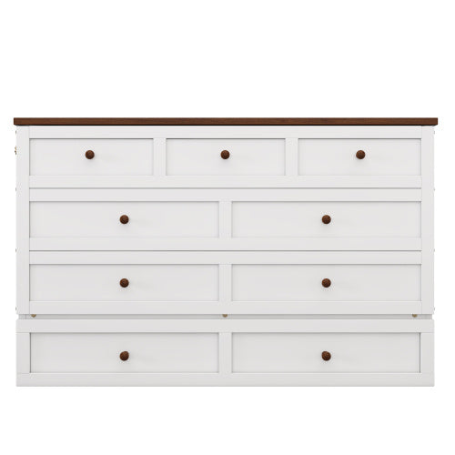 Solid Pine Murphy Bed Chest With Charging Station And Large Storage Drawer For Home Office Or Small Room , Queen, White Walnut