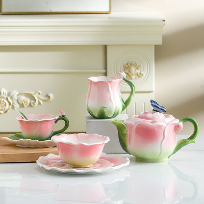 Rose Ceramic Coffee Mark Water Cup Dish Plate Pot Set