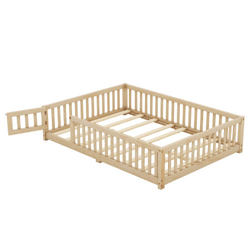 Full Size Bed Floor Bed With Safety Guardrails And Door For Kids, Natural