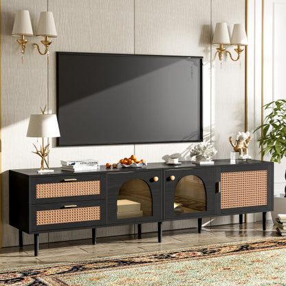 Rattan TV Stand With 3 Cabinets & 2 Drawers, Rattan-inspired Media Console Table For TVs Up To 80'', LED Light Entertainment Center, TV Cabinet For Living Room, Bedroom, Home Theatre