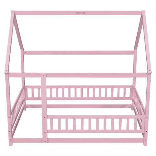 Full Size Floor Wooden Bed With House Roof Frame, Fence Guardrails ,Pink