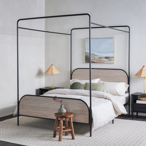 Modern Metal And Wood Canopy Queen Bedframe Smoked Oak