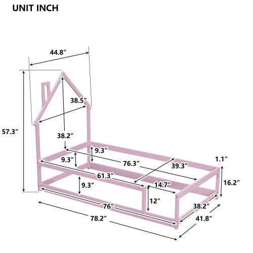 Twin Size Wood Bed With House-shaped Headboard Floor Bed With Fences,Pink