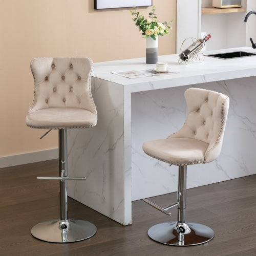 Swivel Velvet Barstools Adjusatble Seat Height From 25-33 Inch Beige,Set Of 2