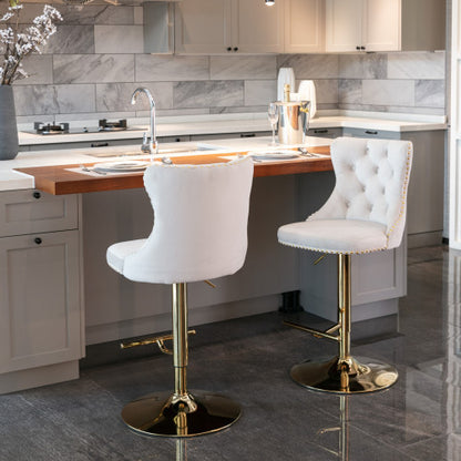 Golden Swivel Velvet Barstools Adjustable Beige Set of 2