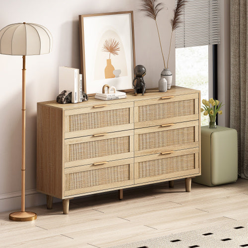 Natural Rattan Storage Cabinet with Drawers for Living Room