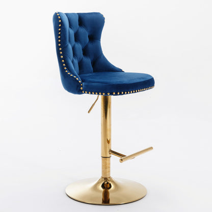 Golden Swivel Velvet Barstools Adjustable Seat Height Blue Set