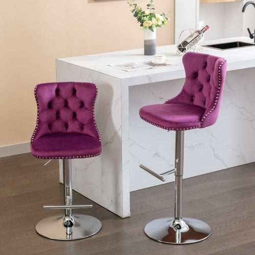 Swivel Velvet Barstools Adjusatble Seat Height From 25-33 Inch Purple,Set Of 2