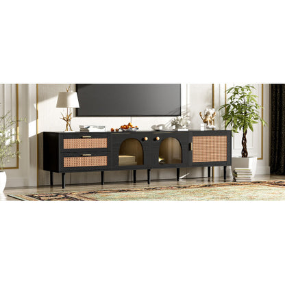 Rattan TV Stand With 3 Cabinets & 2 Drawers, Rattan-inspired Media Console Table For TVs Up To 80'', LED Light Entertainment Center, TV Cabinet For Living Room, Bedroom, Home Theatre