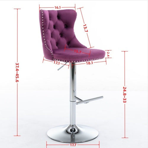 Swivel Velvet Barstools Adjusatble Seat Height From 25-33 Inch Purple,Set Of 2