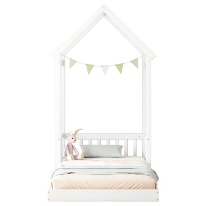 Twin House-shaped Roof Headboard Floor Bed,,without Slats,White