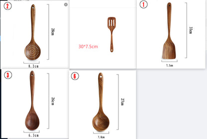 Thailand Teak Natural Wood Tableware Spoon Ladle Turner Long Rice Colander Soup Skimmer Cooking Spoons Scoop Kitchen Tool Set