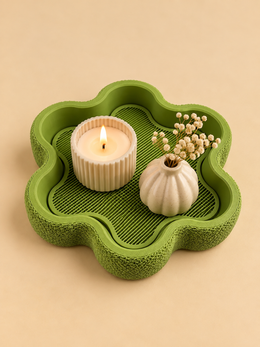 FLORA flower-shaped tray in matcha green on a nightstand