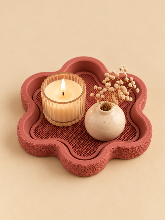 FLORA flower-shaped tray in rosewood on a nightstand
