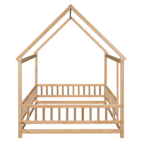 Full Size Floor Wooden Bed With House Roof Frame, Fence Guardrails ,Nartural