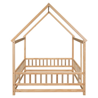 Full Size Floor Wooden Bed With House Roof Frame, Fence Guardrails ,Nartural