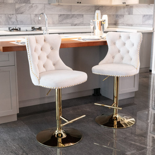 Golden Swivel Velvet Barstools Adjustable Beige Set of 2