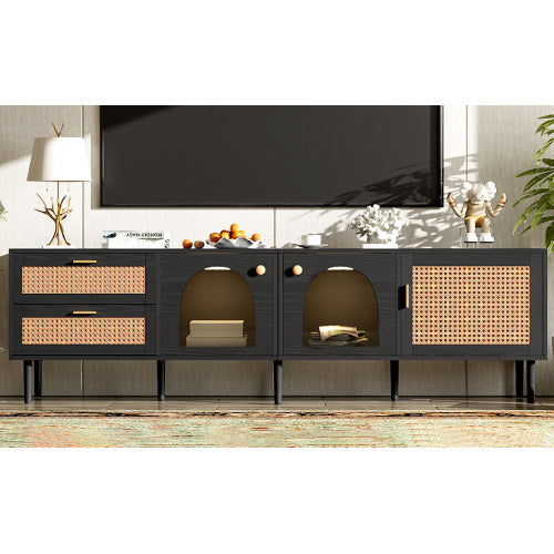 Rattan TV Stand With 3 Cabinets & 2 Drawers, Rattan-inspired Media Console Table For TVs Up To 80'', LED Light Entertainment Center, TV Cabinet For Living Room, Bedroom, Home Theatre