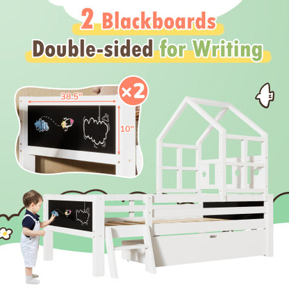 Twin Size House Bed With Ladder And Storage Drawers For Kid Bedroom,Solid Wood Platfrom Bedframe With 2 Blackboard Design, No Box Spring Needed, White