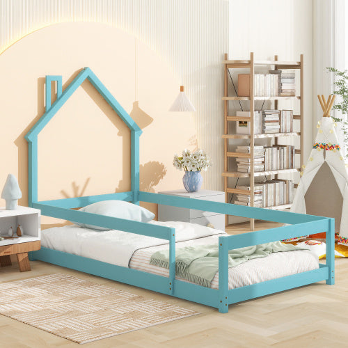 Twin Size Wood Bed With House-shaped Headboard Floor Bed With Fences,Light Blue