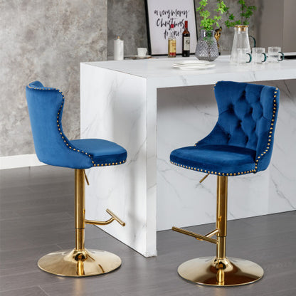 Golden Swivel Velvet Barstools Adjustable Seat Height Blue Set