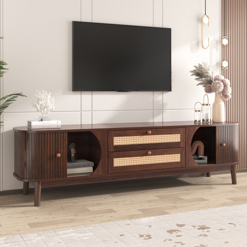 Rattan TV Stand For TVs Up To 75'', Modern Farmhouse Media Console, Entertainment Center With Solid Wood Legs, TV Cabinet For Living Room,Home Theatre