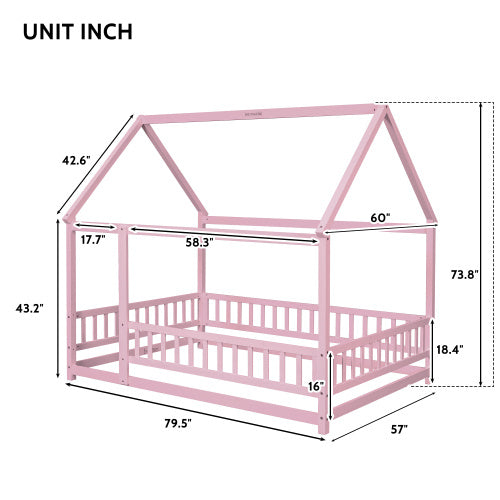 Full Size Floor Wooden Bed With House Roof Frame, Fence Guardrails ,Pink