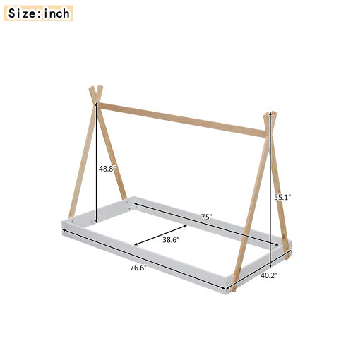 Twin Size Tent Floor Bed With Triangle Structure, White Natural