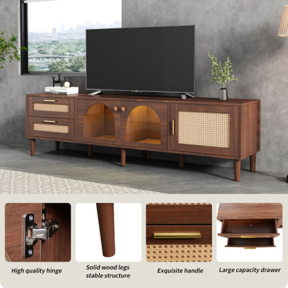 Rattan TV Stand With 3 Cabinets 2 Drawers, Rattan-inspired Media Console Table For TVs Up To 80'', LED Light Entertainment Center, TV Cabinet For Living Room, Bedroom, Home Theatre