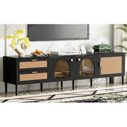 Rattan TV Stand With 3 Cabinets & 2 Drawers, Rattan-inspired Media Console Table For TVs Up To 80'', LED Light Entertainment Center, TV Cabinet For Living Room, Bedroom, Home Theatre