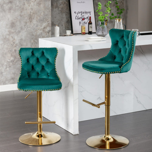 Golden Swivel Velvet Barstools Adjustable Seat Height Green