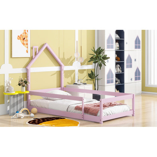 Twin Size Wood Bed With House-shaped Headboard Floor Bed With Fences,Pink